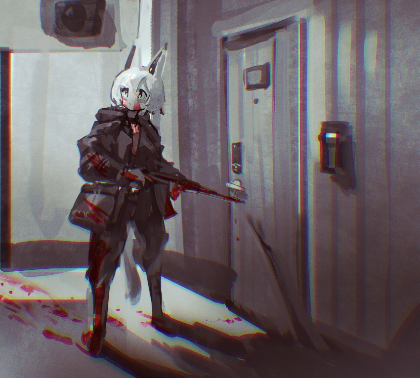 anthro bag biped blood blood_on_clothing blood_on_face blood_on_weapon bloody_footprint bodily_fluids chromatic_aberration clothing door female footprint gun hair hallway hi_res ranged_weapon russian_text solo spot_color text translated utterangle weapon white_hair