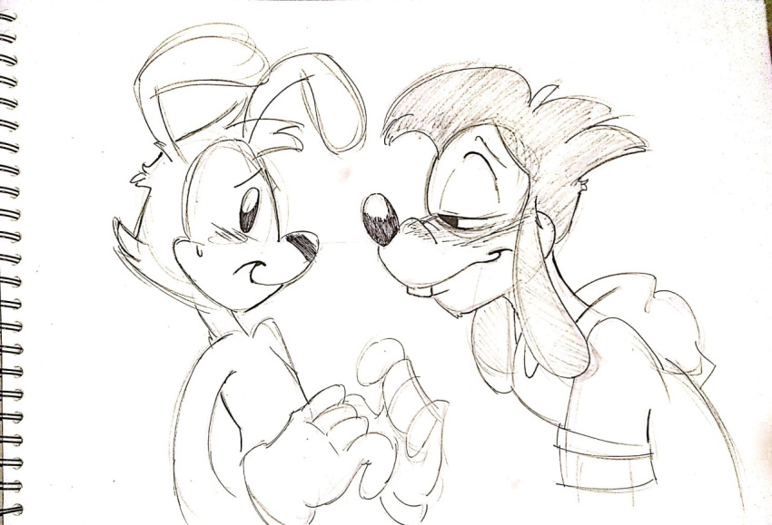 animaniacs anthro blush blushing_profusely bodily_fluids canid canine canis clothed clothing disney domestic_dog eye_contact fantasypuppy gloves goof_troop half-closed_eyes handwear inkblot leering looking_at_another male male/male mammal max_goof narrowed_eyes nervous nervous_smile sketch smile sweat sweatdrop warner_brothers yakko_warner