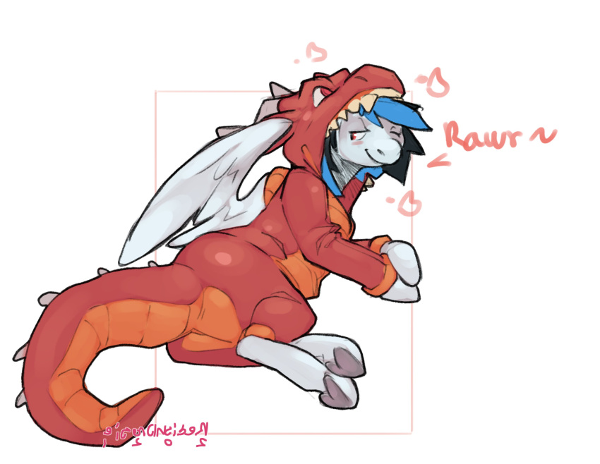 2021 anthro blue_hair blush dialogue dragon equid equine feathered_wings feathers hair hi_res hooves horn male mammal multicolored_body multicolored_scales one_eye_closed onesie onomatopoeia orange_body orange_scales pegasus reclining red_body red_eyes red_scales redponei scales signature simple_background smile solo sound_effects spikes text two_tone_body two_tone_scales white_background white_body white_feathers white_wings wings wink