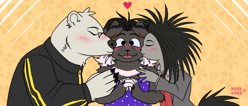 absurd_res anthro clothed clothing fur hi_res kissing loose_feather mammal marykimer odd_taxi porcupine quill rodent sekiguchi_(odd_taxi) simple_background trio ursid yano_(odd_taxi)