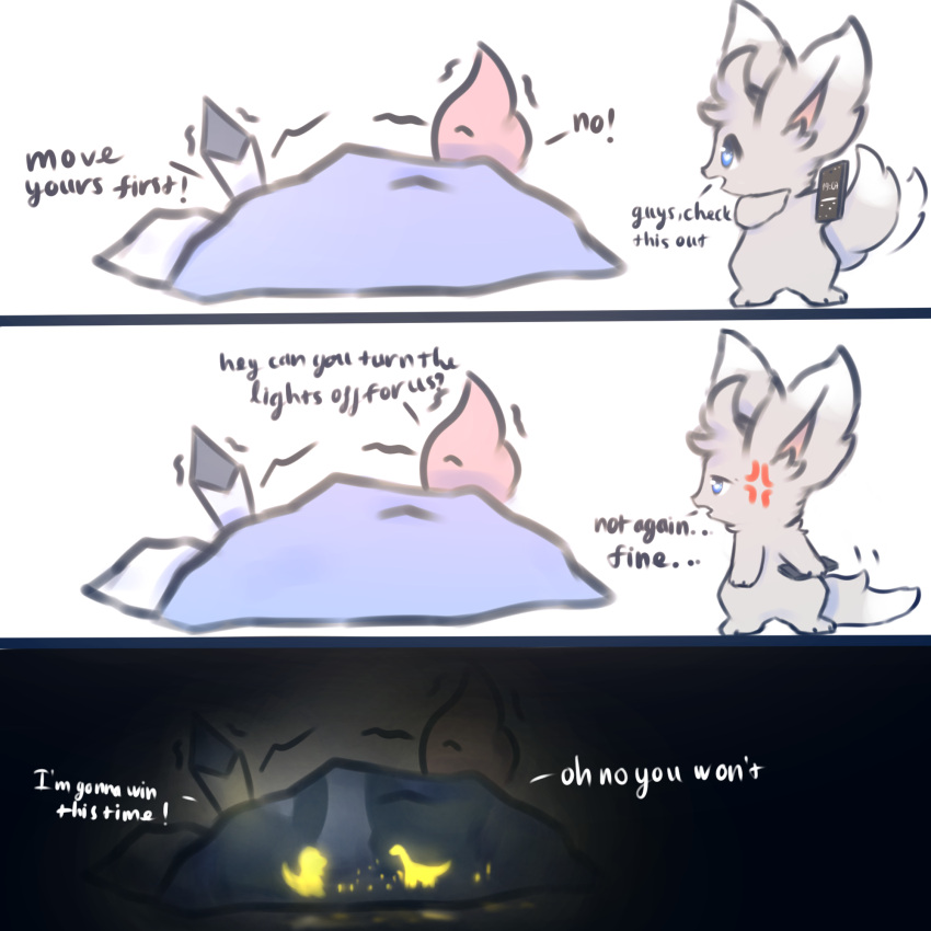 1:1 ambiguous_gender anthro bedding blanket blue_eyes blue_sclera eeveelution english_text feral fluffy fluffy_tail fur glaceon grey_body grey_fur group hi_res mammal nintendo open_mouth phone pink_body pink_fur pok&eacute;mon pok&eacute;mon_(species) rodent simple_background snoiifoxxo sylveon text toy tuft video_games white_background