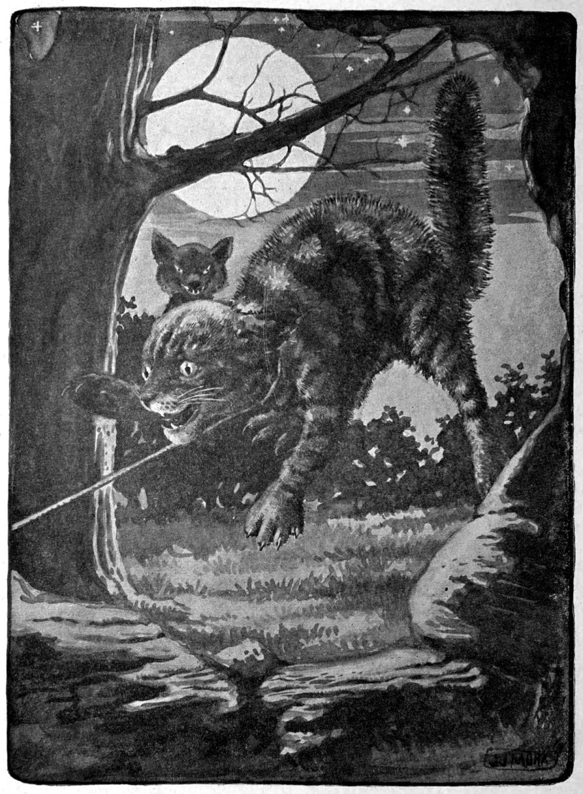 1920 20th_century ancient_furry_art border canid canine claws detailed_background domestic_cat duo felid feline felis feral fox full_moon greyscale hi_res joseph_jacinto_mora male mammal monochrome moon night nude open_mouth outside plant public_domain quadruped reynard_the_fox rope sky tibert traditional_media_(artwork) trap_(contrivance) tree white_border