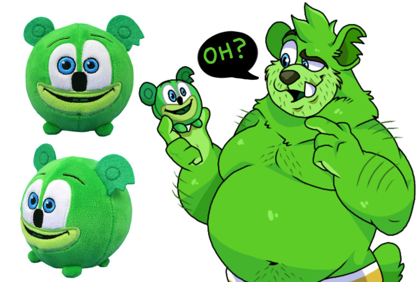2021 anthro belly candy clothing dessert food green_body gummibar gummy_(food) gummy_bear_(food) gummybear_and_friends humanoid_hands lewdookami male mammal moobs navel overweight overweight_male plushie simple_background solo text underwear ursid white_background