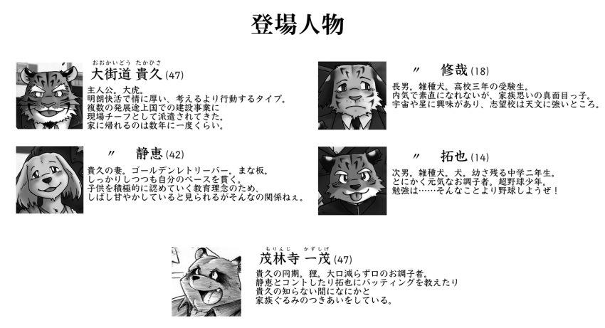 anthro brother brothers canid canine canis clothed clothing domestic_dog father felid female greyscale group husband_and_wife hybrid japanese_text k_hashiba looking_at_viewer male mammal married_couple monochrome mother pantherine parent raccoon_dog sibling smile son story story_at_source story_in_description tanuki text tiger translation_request