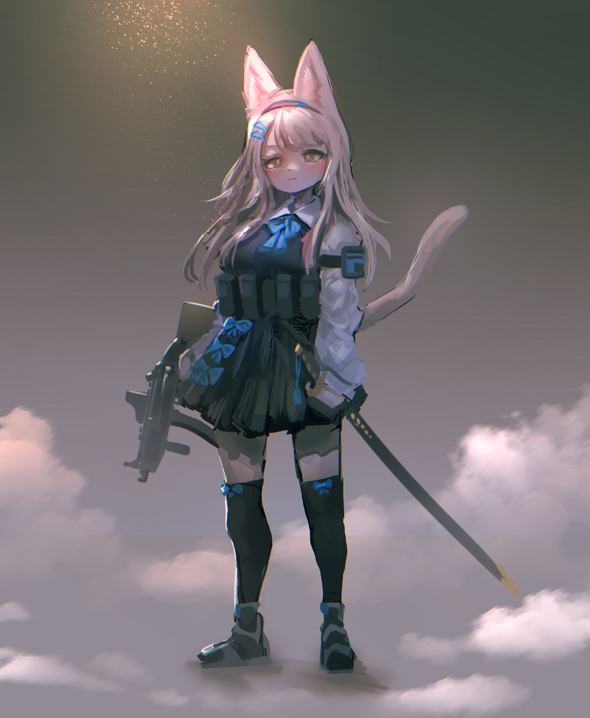 accessory anthro biped blush bow_tie chromatic_aberration clothed clothing felid female footwear gun hair hair_accessory hairpin hi_res long_socks looking_at_viewer mammal melee_weapon ranged_weapon shoes sky solo sword utterangle weapon white_hair