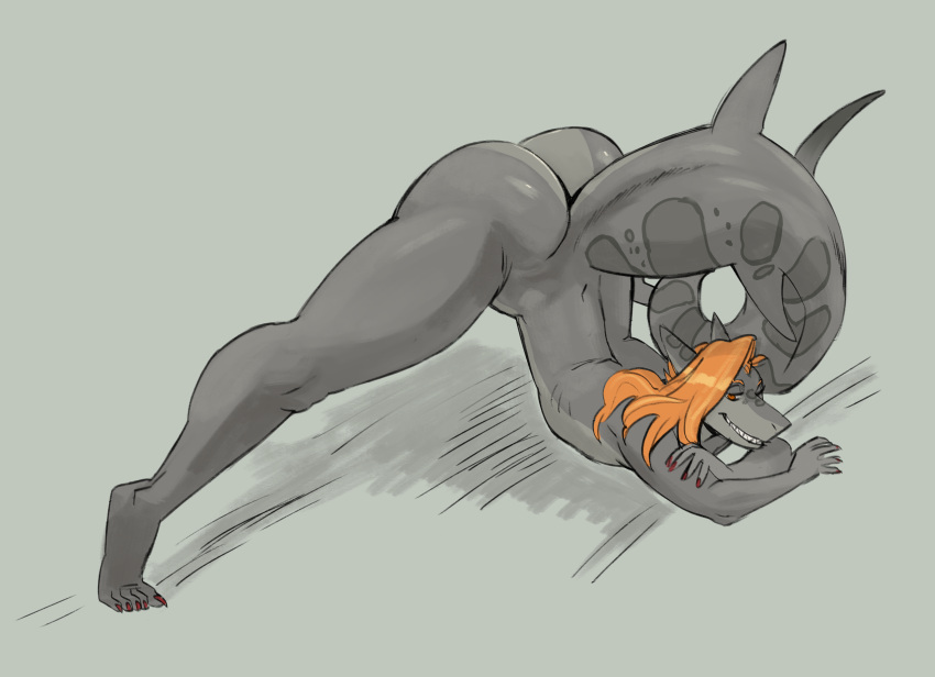 2021 anthro arched_back ass_up bent_over big_butt butt colored_nails curled_tail ear_fins emille_selachi female fin fish flat_chested grey_background grey_body hair hi_res huge_tail hybrid jack-o'_pose marine nails nude orange_eyes orange_hair pose presenting presenting_hindquarters raised_tail shark simple_background smile solo spread_legs spreading stretching thick_thighs twistedteeth wide_stance