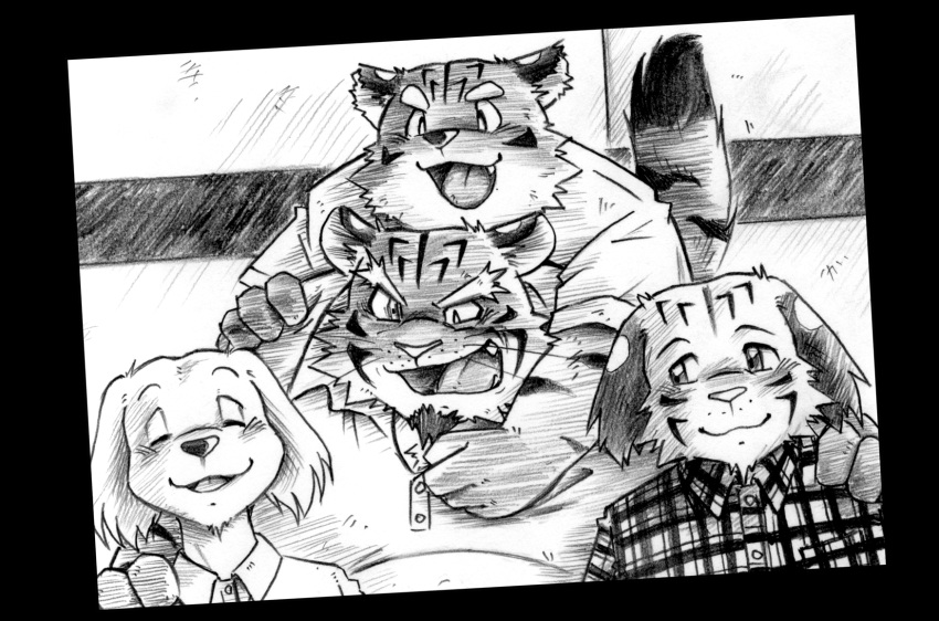 anthro brother brothers canid canine canis domestic_dog father father_and_child father_and_son felid group happy hi_res husband hybrid k_hashiba male mammal married_couple monochrome overweight overweight_anthro pantherine parent parent_and_child sibling smile son tiger