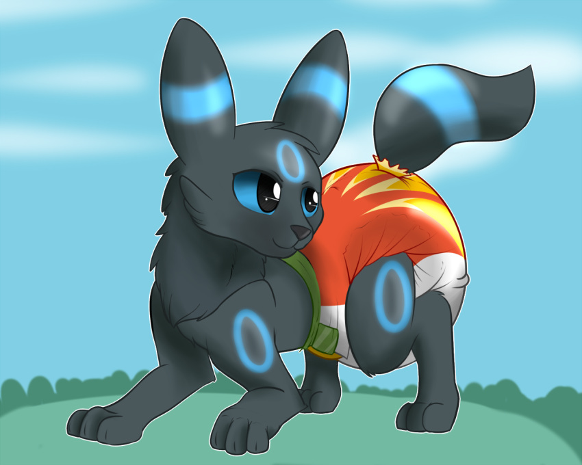 2017 5:4 ambiguous_gender big_diaper black_eyes blue_body blue_ears blue_fur blue_markings blue_sclera blue_tail bunnykisses dark_body dark_fur diaper eeveelution feral fur fur_markings glistening glistening_eyes grey_body grey_ears grey_fur grey_tail markings nintendo pattern_diaper pok&eacute;mon pok&eacute;mon_(species) quadruped red_diaper solo umbreon video_games wearing_diaper white_diaper yellow_diaper