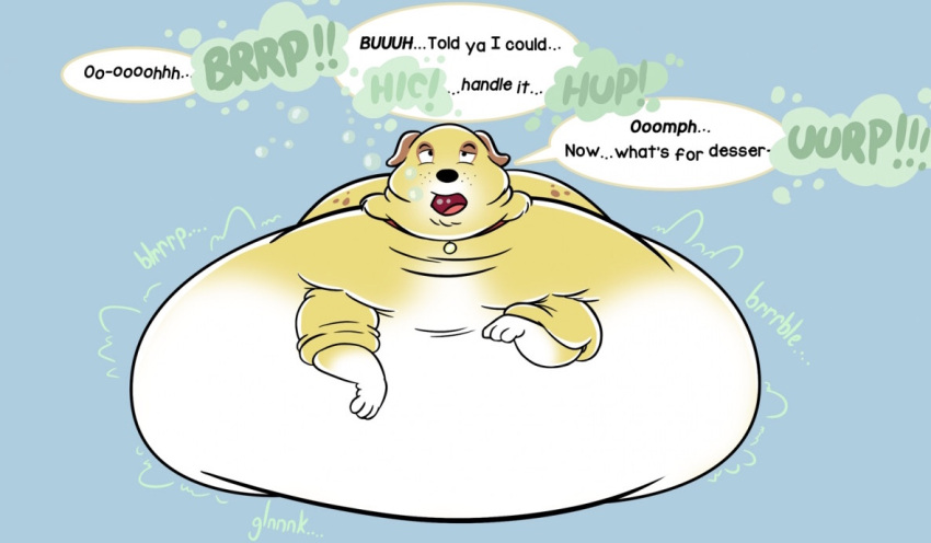 ambiguous_gender bloated bloated_belly blubberwhale_(artist) bubble burping canid canine canis collar colored domestic_dog english_text fat_rolls feral fur hiccuping immobile lying mammal martha_lorraine martha_speaks morbidly_obese morbidly_obese_ambiguous morbidly_obese_feral obese obese_ambiguous obese_feral on_front overweight overweight_ambiguous overweight_feral red_collar rumbling_stomach simple_background solo text white_body white_fur yellow_body yellow_fur