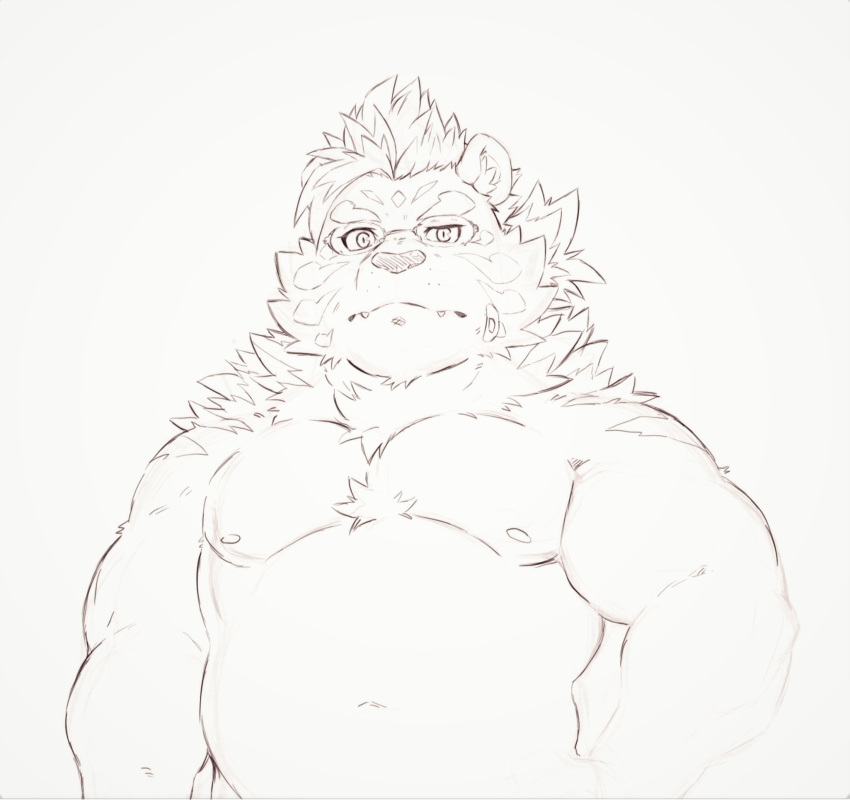 2021 anthro belly felid heylaw21 hi_res kemono licho_(tas) male mammal moobs navel nipples pantherine portrait simple_background slightly_chubby solo tiger tokyo_afterschool_summoners video_games