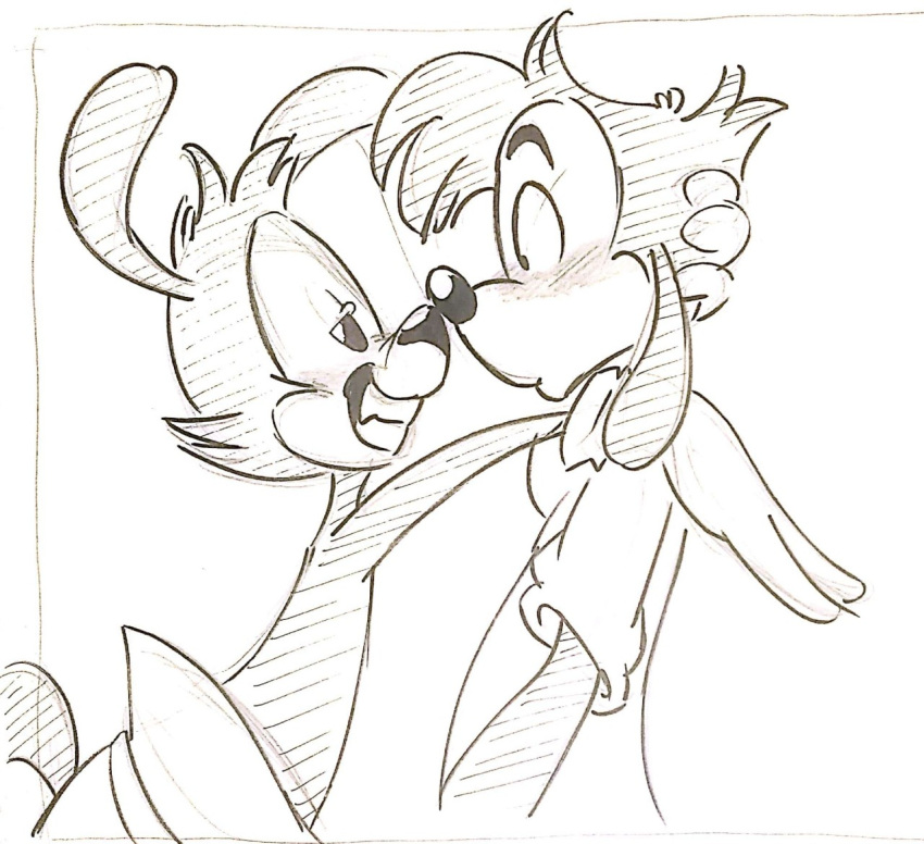 animaniacs anthro blush canid canine canis clothed clothing disney domestic_dog duo eye_contact fantasypuppy flirting gloves goof_troop handwear holding_person inkblot looking_at_another male male/male mammal max_goof sketch smile surprise surprised_expression warner_brothers yakko_warner