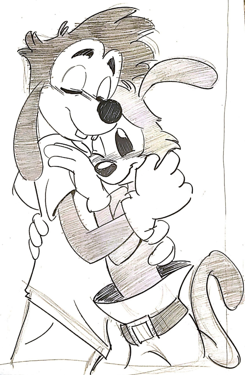 animaniacs anthro blush canid canine canis clothed clothing disney domestic_dog duo eyes_closed fantasypuppy gloves goof_troop handwear hi_res holding_person hug inkblot love male male/male mammal max_goof one_eye_closed sketch warner_brothers yakko_warner