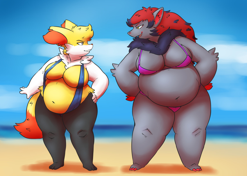 anthro black_body black_fur braixen breasts duo female fur hair hi_res inner_ear_fluff nintendo orange_body orange_fur overweight overweight_female pok&eacute;mon pok&eacute;mon_(species) pok&eacute;morph red_hair subakitsu thick_thighs tuft video_games white_body white_fur zoroark