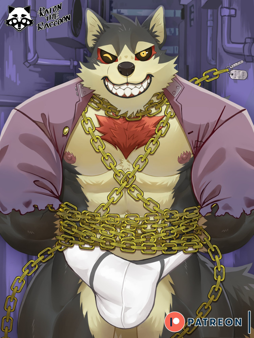 3:4 abs anthro areola biped black_body black_fur black_sclera body_hair bulge canid canine canis chain chest_hair clothed clothing dog_tags domestic_dog fur garmr genital_outline grin hands_behind_back hi_res looking_at_viewer male mammal muscular muscular_anthro muscular_male nipples one_eye_closed open_clothing open_shirt open_topwear patreon patreon_logo pecs penis_outline purple_clothing purple_shirt purple_topwear ratontheraccoon shirt smile solo tan_body tan_fur tokyo_afterschool_summoners topwear underwear video_games white_clothing white_underwear wink yellow_eyes