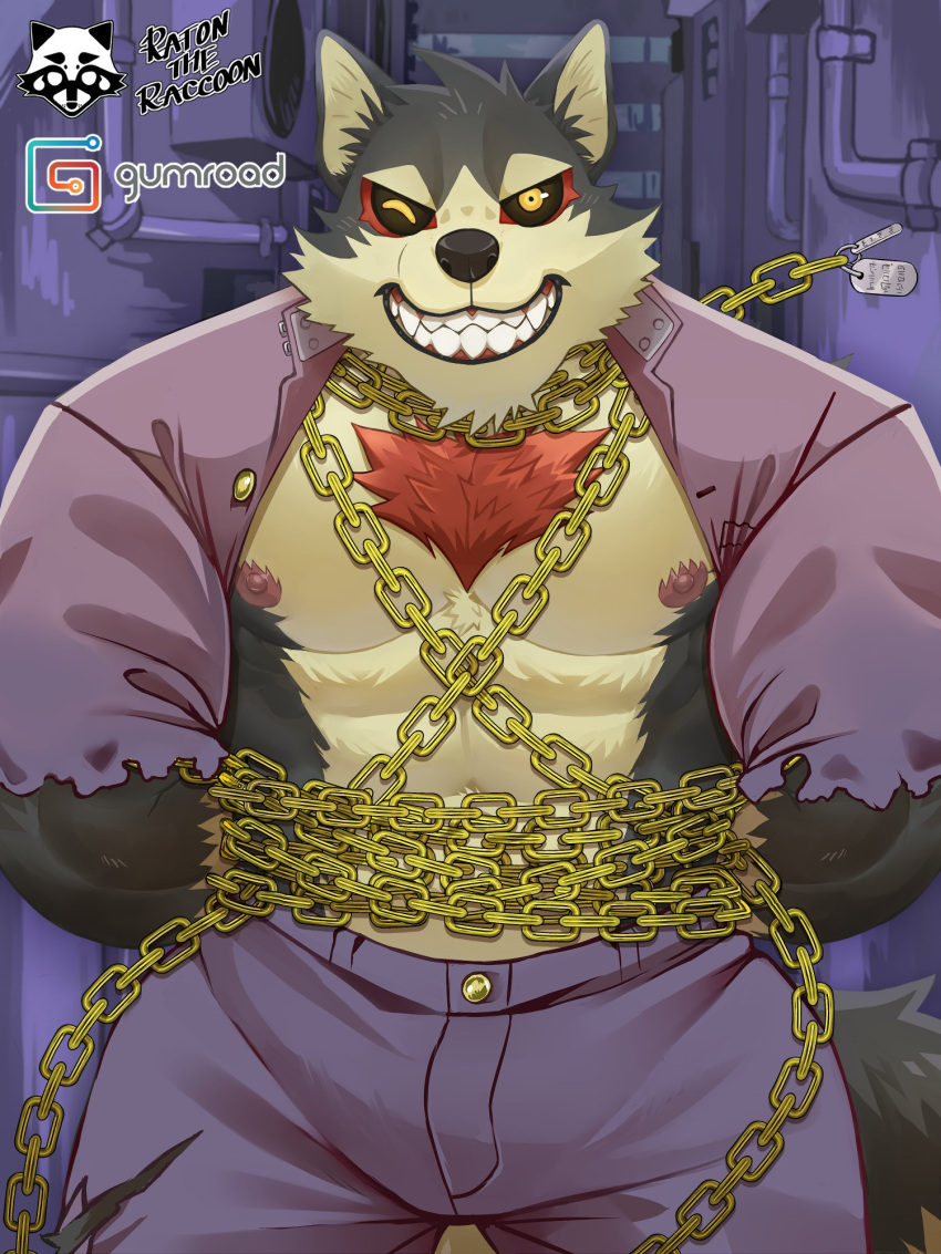 3:4 abs anthro areola biped black_body black_fur black_sclera body_hair bottomwear canid canine canis chain chest_hair clothed clothing dog_tags domestic_dog fur garmr grin gumroad hands_behind_back hi_res looking_at_viewer male mammal muscular muscular_anthro muscular_male nipples one_eye_closed open_clothing open_shirt open_topwear pants pecs purple_bottomwear purple_clothing purple_pants purple_shirt purple_topwear ratontheraccoon shirt smile solo tan_body tan_fur tokyo_afterschool_summoners topwear video_games wink yellow_eyes