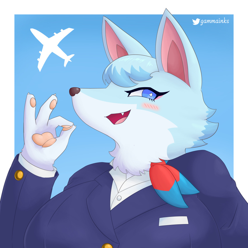 1:1 absurd_res aircraft airplane animal_crossing anthro blush canid canine canis female flight_attendant gammainks gesture hi_res mammal nintendo ok_sign pawpads scarf solo video_games whitney_(animal_crossing) wolf