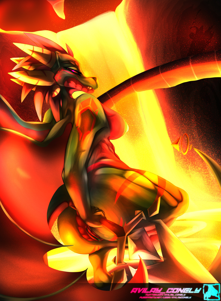 absurd_res anthro avilay_conely breasts butt dragon female genitals hi_res horn karder_thunder_dragon lava long_tail melee_weapon polearm pussy solo spear sword weapon wings