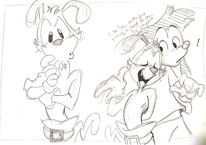 ! animaniacs anthro blush canid canine canis clothed clothing disney domestic_dog duo eyes_closed fantasypuppy flirting gloves goof_troop handwear inkblot looking_at_another male male/male mammal max_goof sketch warner_brothers yakko_warner