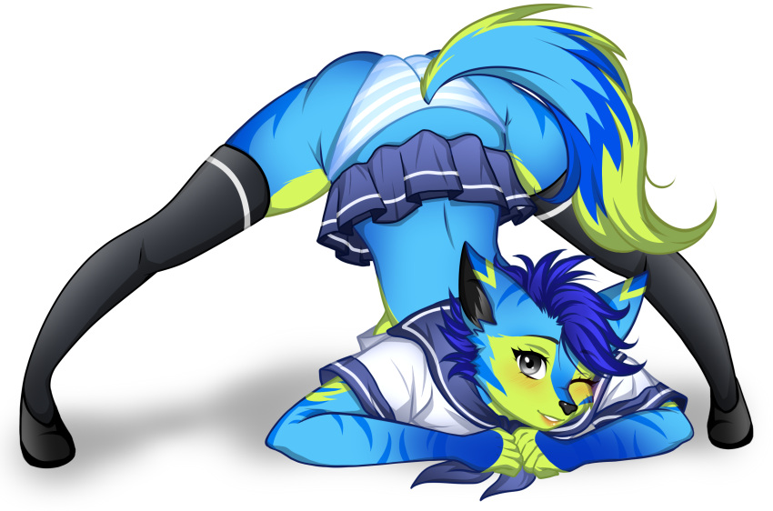 anonymous_artist anthro ass_up blue_hair blush bottomwear canid canine canis clothed clothing cute_face domestic_cat fan_character felid feline felis female footwear grey_eyes hair hi_res hybrid insomnia_(oc) jack-o'_pose mammal multicolored_body multicolored_skin one_eye_closed pants pose smile socks solo wolf