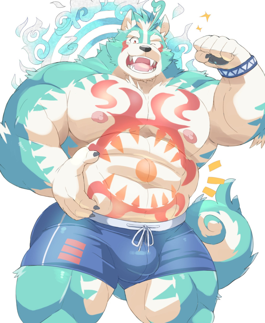 2021 anthro asian_mythology ayame42612 barazoku blue_body bulge clothing east_asian_mythology foo_dog hi_res humanoid_hands japanese_mythology kemono komainu male mammal muscular muscular_male mythology nipples oguchi_magami_(tas) one_eye_closed solo swimwear tokyo_afterschool_summoners video_games wink yōkai