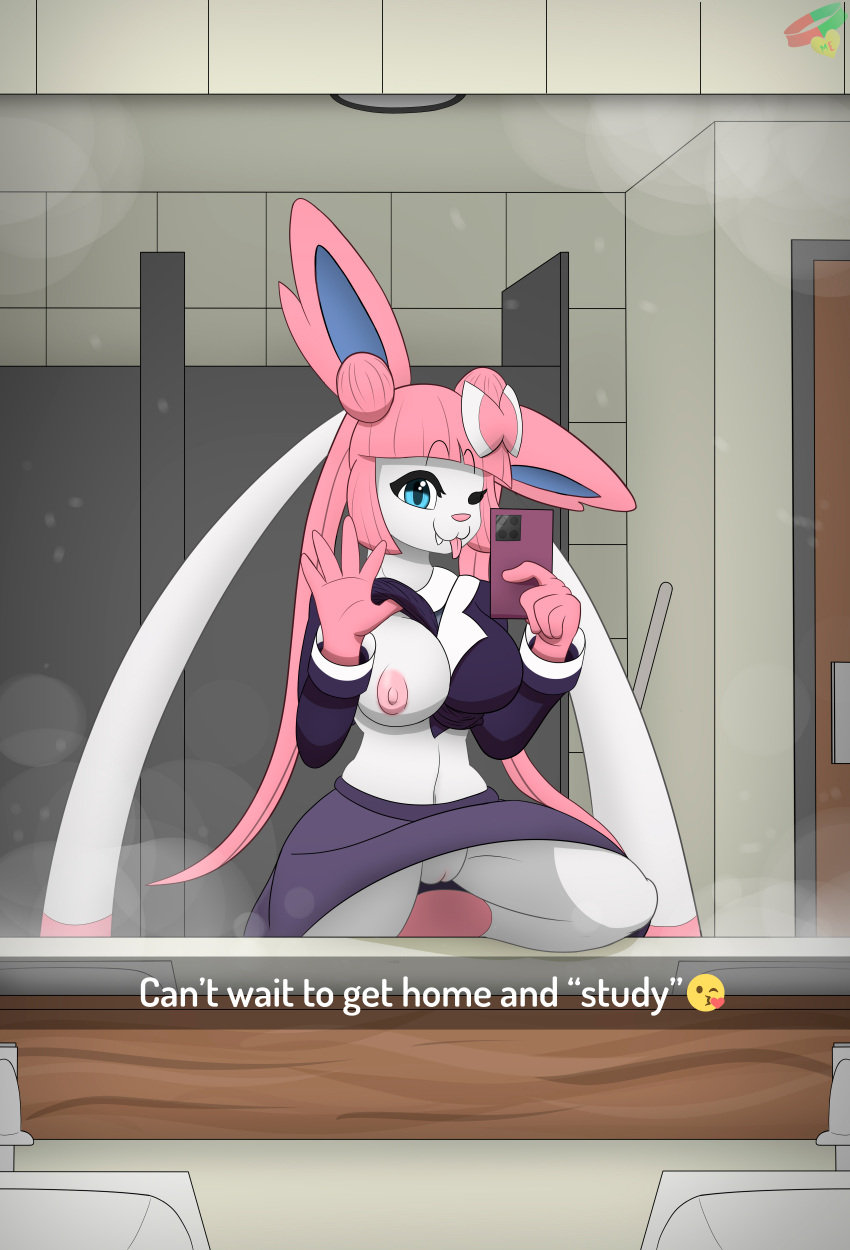 absurd_res anthro bottomwear breasts clothed clothing eeveelution emoji english_text female genitals hair hi_res mammal mirror mirror_selfie nintendo nipples pawronica photo pok&eacute;mon pok&eacute;mon_(species) pussy ribbons school_uniform selfie showing_(disambiguation) skirt solo sylveon text uniform video_games