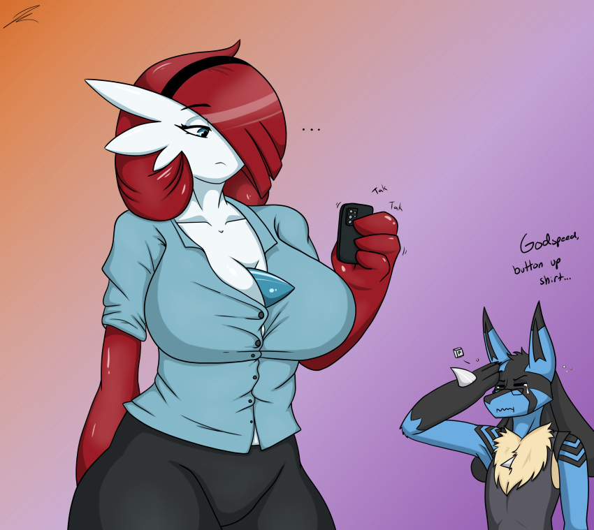 absurd_res accessory anthro big_breasts blue_eyes bodily_fluids breasts cellphone chest_tuft clothing crying duo eyewear female gardevoir gesture glasses headband hi_res humanoid humor jeffthehusky lucario lucas_arynn male nintendo phone pok&eacute;mon pok&eacute;mon_(species) red_body red_skin ruby_caernarvon salute shirt tank_top tears text texting tight_clothing topwear tuft video_games wardrobe_malfunction