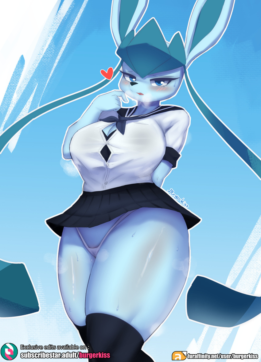 anthro anthrofied big_breasts blush bodily_fluids bottomwear breasts burgerkiss canid canine clothing conditional_dnp digital_media_(artwork) eeveelution female glaceon hi_res legwear looking_at_viewer mammal nintendo pok&eacute;mon pok&eacute;mon_(species) pok&eacute;morph school_uniform shaded skirt smile solo sweat thick_thighs thigh_highs thong underwear uniform video_games
