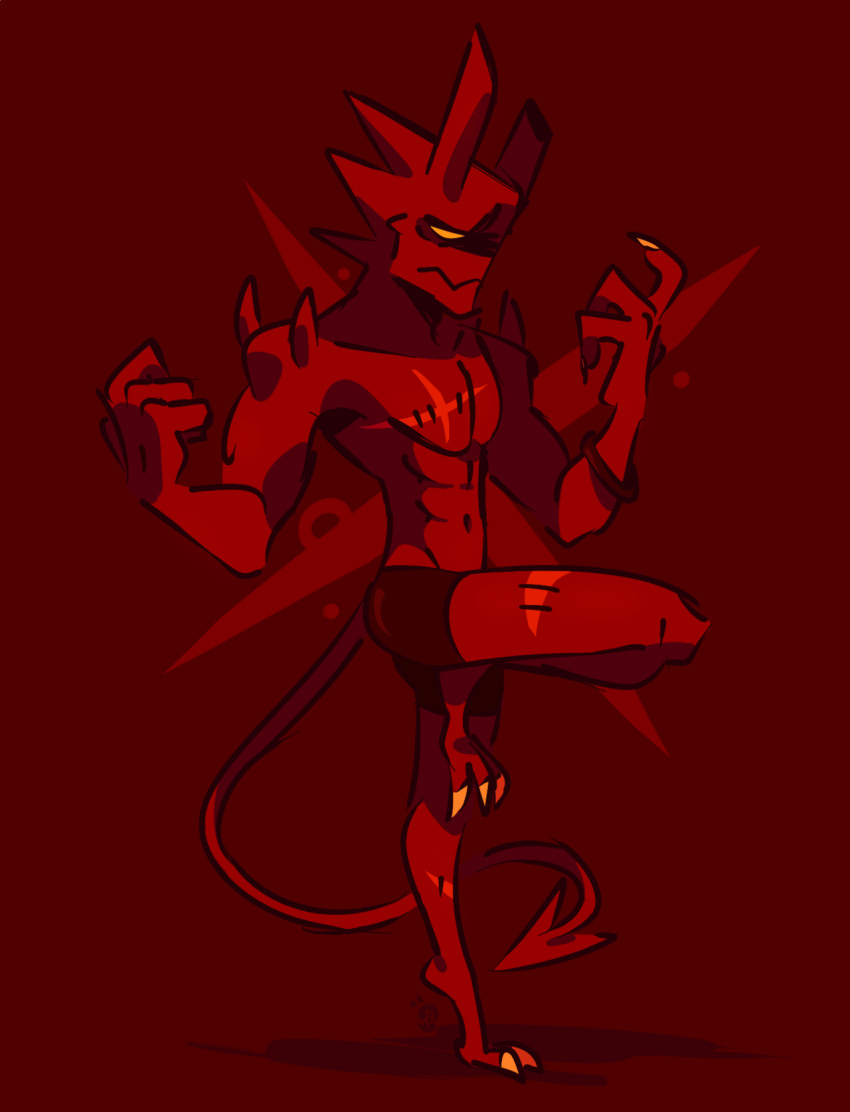2018 3_toes broken_horn chest_scar clothed clothing colored demon digital_drawing_(artwork) digital_media_(artwork) feet hi_res horn humanoid ionicisaac leg_scar male malphas_(ionicisaac) on_one_leg red_background red_body red_skin scar shaded simple_background spade_tail standing toes underwear underwear_only yellow_eyes