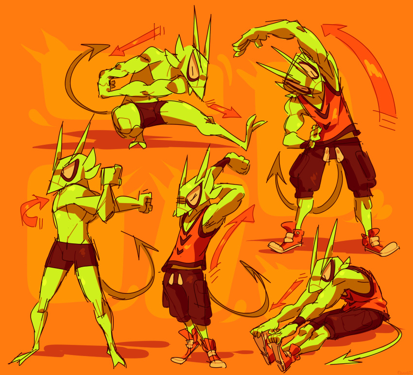2019 absurd_res anthro armband arrow arthropod athletic athletic_anthro athletic_male black_bottomwear black_clothing black_shorts bottomwear boxer_briefs clothed clothing demon digital_drawing_(artwork) digital_media_(artwork) exercise green_body green_skin hi_res horn humanoid insect ionicisaac male mantis manto_rider orange_background red_clothing shaded shirt shorts simple_background sleeveless_shirt solo spade_tail stretching topless topwear underwear workout