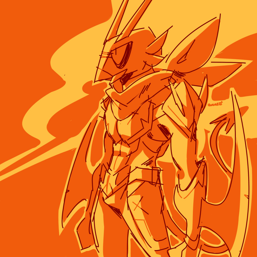 1:1 2019 armor arthropod athletic athletic_male blade demon digital_drawing_(artwork) digital_media_(artwork) hi_res horn humanoid insect ionicisaac male mantis manto_rider monochrome orange_background scarf simple_background solo spade_tail