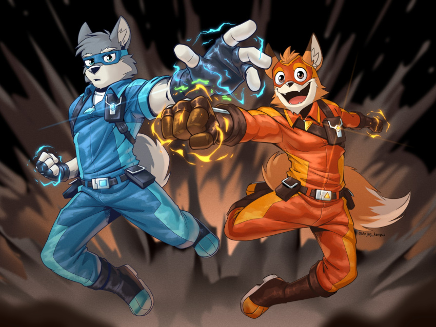 2021 4:3 anjing_kampuss anthro belt boots bottomwear canid canine canis clothed clothing costume duo electricity electron_(anjing) fingerless_gloves fist footwear fox fur gloves handwear hi_res jacket male mammal mask open_mouth open_smile pants proton_(anjing) punch smile superhero topwear wolf
