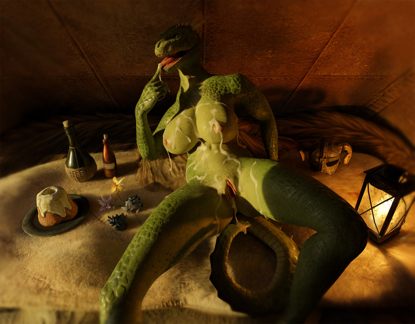 2021 3d_(artwork) anthro argonian bethesda_softworks blender_(software) bodily_fluids breasts claws clitoris cum cum_in_mouth cum_in_pussy cum_inside cum_on_breasts digital_media_(artwork) female finger_fetish finger_lick finger_play fingers genital_fluids genitals green_body green_scales hi_res horn licking lying nipples non-mammal_breasts nude orange_eyes pussy reptile scales scalie solo spiked_tail spikes spikes_(anatomy) teeth the_elder_scrolls threedeedude tongue tongue_out video_games
