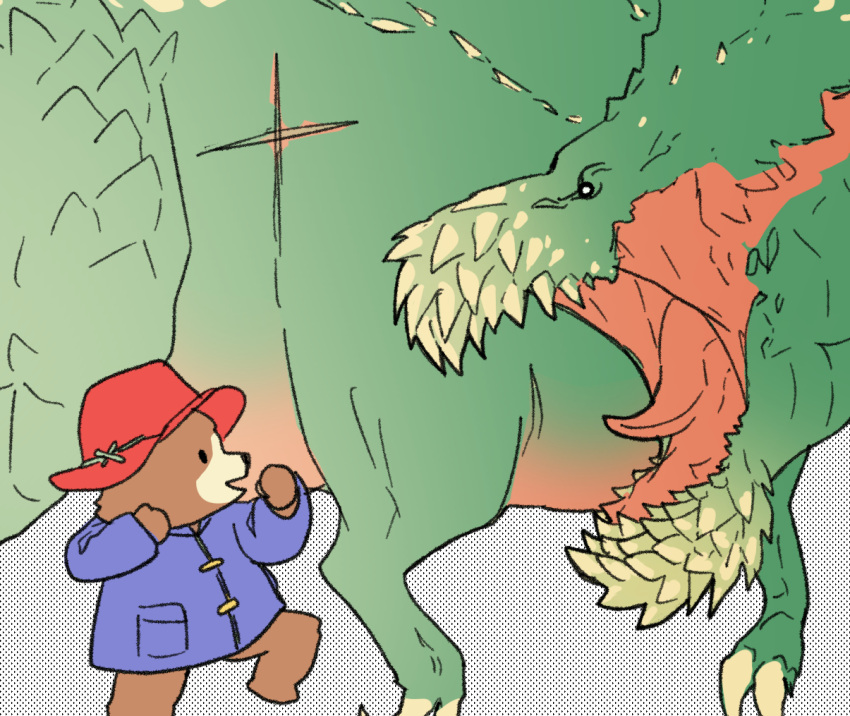 2021 anthro black_nose brown_body brute_wyvern capcom clothing conditional_dnp deviljho dot_eyes duo green_body hat headgear headwear mammal monster monster_hunter paddington_and_company_limited paddington_bear scar simple_background size_difference subakeye tongue ursid video_games