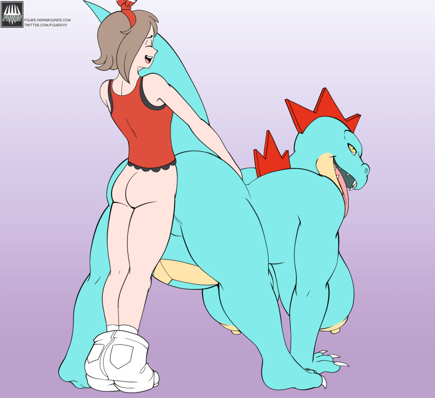 all_fours anthro anthro_penetrated big_breasts breasts clothed clothing doggystyle duo female feraligatr fours_(artist) from_behind_position gradient_background gynomorph gynomorph/female hi_res huge_breasts human human_on_anthro human_penetrating human_penetrating_anthro intersex intersex/female interspecies looking_pleasured mammal may_(pok&eacute;mon) nintendo nude pants_down partially_clothed penetration pok&eacute;mon pok&eacute;mon_(species) pok&eacute;philia sex simple_background text tongue tongue_out url video_games