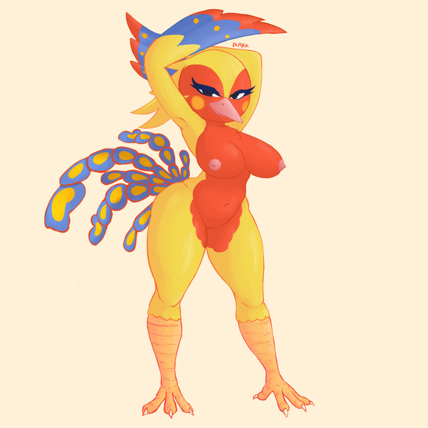 1:1 absurd_res animal_crossing anthro avian big_breasts bird breasts featureless_crotch female gammainks hand_behind_head hi_res looking_at_viewer nintendo nude ostrich phoebe_(animal_crossing) ratite simple_background solo talons video_games winged_arms wings