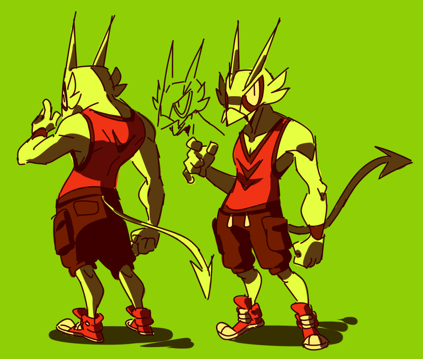 2019 anthro armband arthropod bottomwear clothing demon digital_drawing_(artwork) digital_media_(artwork) fangs green_background green_body green_skin hi_res horn humanoid insect ionicisaac male mantis manto_rider red_clothing shorts simple_background sleeveless_shirt solo spade_tail widescreen