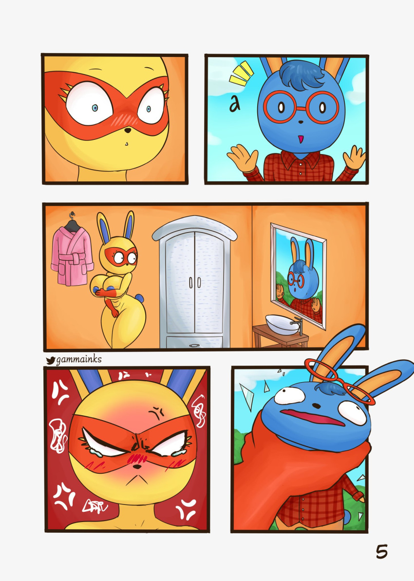 angry animal_crossing anthro asphyxiation big_breasts blush bodily_fluids breasts broken_glass choking comic covering covering_self cross-popping_vein doc_(animal_crossing) duo female frown gammainks glass hi_res huge_breasts lagomorph leporid male male/female mammal mira_(animal_crossing) nintendo rabbit surprise tears video_games voyeur