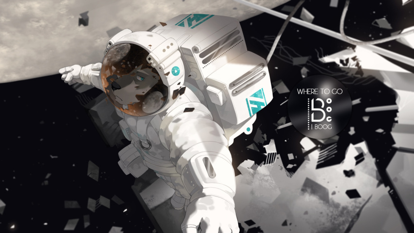 16:9 anthro astronaut bogexboog debris felid hi_res lion male mammal pantherine signature solo space text watermark widescreen