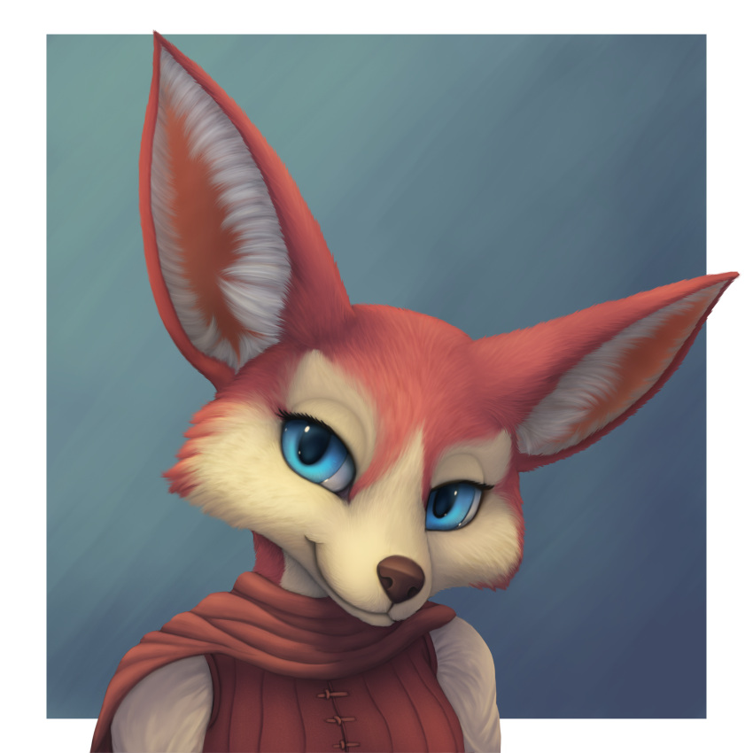 1:1 2021 absurd_res anthro big_ears blue_eyes brown_nose canid canine cheek_tuft digital_media_(artwork) eyelashes facial_tuft female fox fur glistening glistening_eyes hi_res inner_ear_fluff mammal portrait red_body red_fur sera_(vm94) shaded simple_background solo tan_body tan_fur tuft vm94 white_inner_ear_fluff