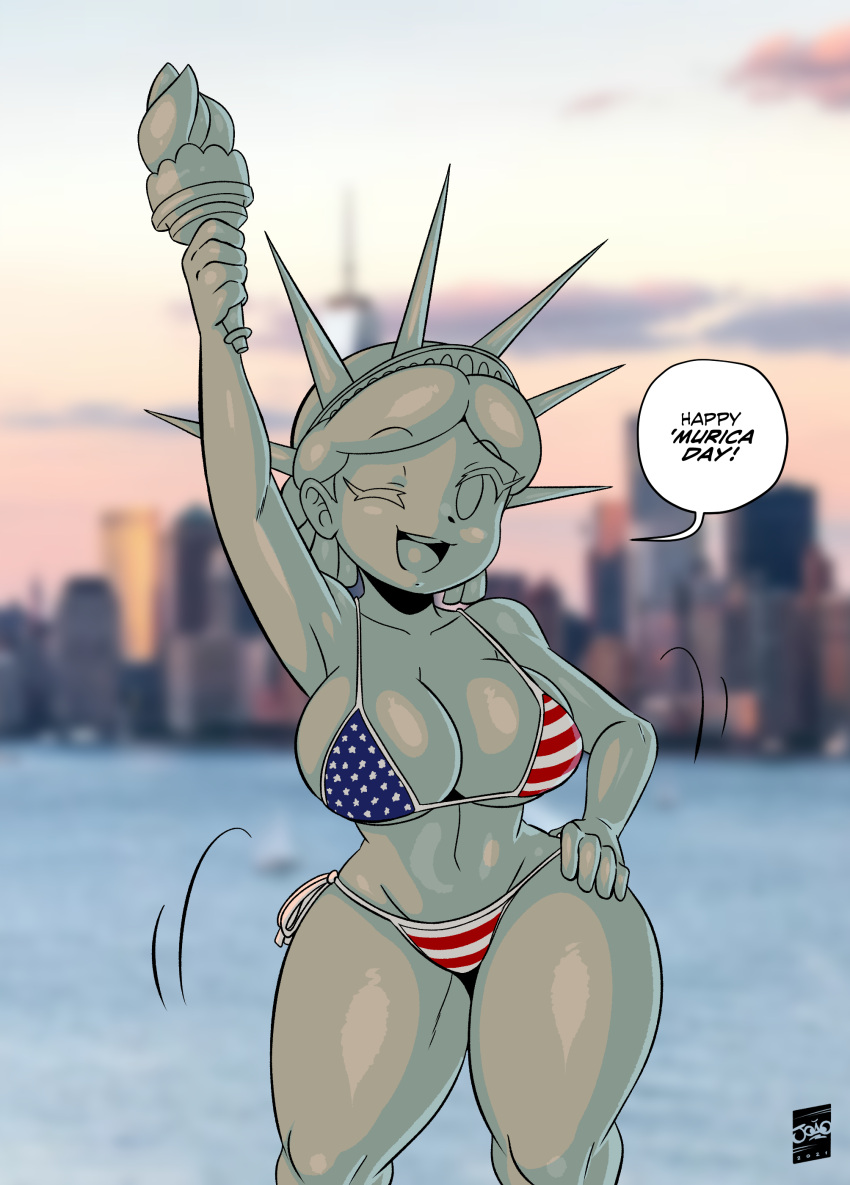 2021 absurd_res american_flag_bikini animate_inanimate big_breasts bikini blurred_background breasts city city_background cityscape clothing dialogue english_text female flag_bikini green_body green_skin hand_on_hip hi_res humanoid joaoppereiraus looking_at_viewer not_furry one_eye_closed open_mouth open_smile sculpture signature smile solo speech_bubble stars_and_stripes statue statue_of_liberty swimwear text united_states_of_america wink