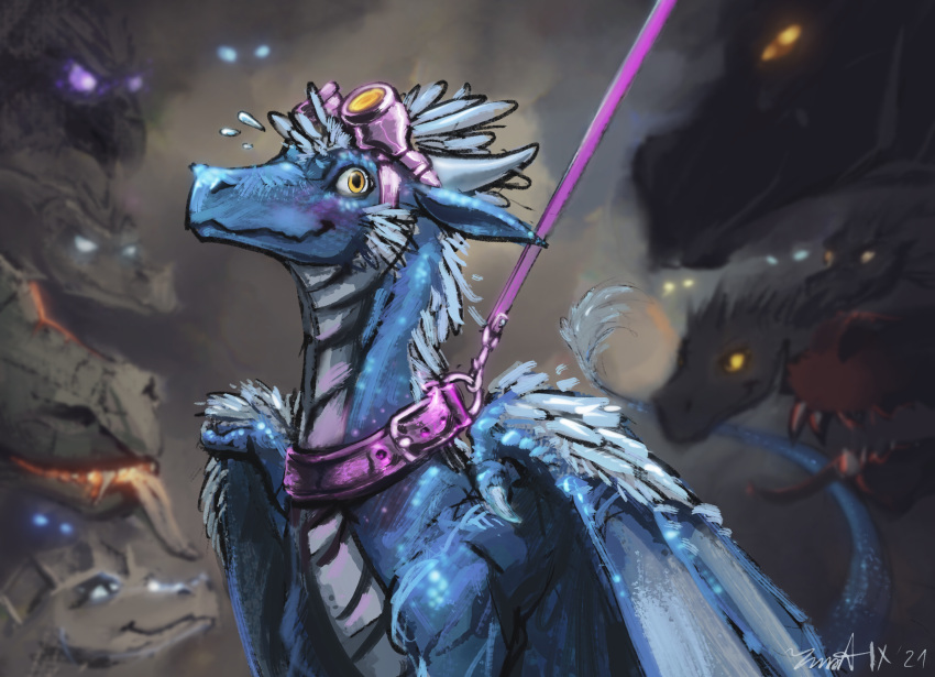 ambiguous_gender blue_body blush bound collar crowd dragon drangir eyewear feathers feral girly goggles group hi_res horn leash leash_pull membrane_(anatomy) membranous_wings scales scalie submissive suggestive western_dragon wings wright