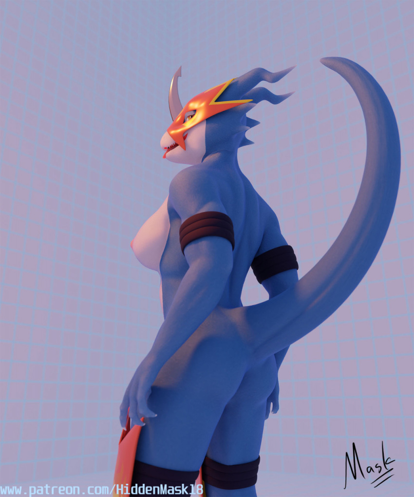 anthro back_muscles bandai_namco blender_(software) blue_body blue_scales breasts digimon digimon_(species) female flamedramon hi_res hiddenmask18 horn lidded_eyes looking_back raised_tail scales scalie solo tongue tongue_out yellow_eyes