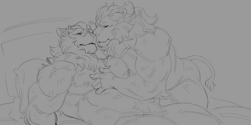 &lt;3 2:1 anthro bed biceps body_hair chest_hair duo felid furniture hand_on_chest hi_res inner_ear_fluff lion looking_at_viewer male male/male mammal mane monochrome muscular muscular_male neck_tuft nipples nude nuzzling pantherine pecs pillow pubes romantic romantic_couple sketch tail_tuft tofuxal tuft