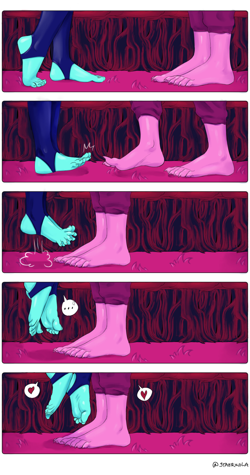 &lt;3 ... 5_toes absurd_res anthro barefoot blue_body blue_skin bodily_fluids bottomwear carrying_partner claws clothed clothing comic deltarune detailed_background dinosaur dragon duo feet female foot_focus forest grabbing_partner grass hi_res human human_on_anthro humanoid implied_kiss interspecies jumpsuit kris_(deltarune) larger_female lifting_partner male male/female mammal nails nervous off_the_ground outside pants partially_clothed pink_body pink_skin plant reptile scalie sharp_nails sharp_toenails shocked size_difference smaller_male staerk standing stirrups susie_(deltarune) sweat sweatdrop toe_claws toenails toes tree video_games walking