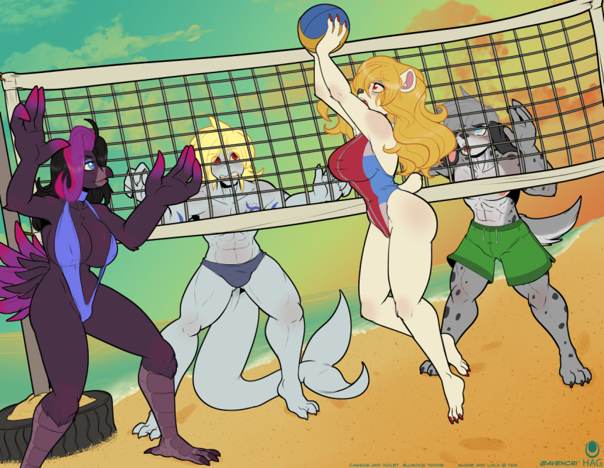 2021 3_toes 4_fingers abs anthro athletic athletic_anthro athletic_male avencri avian ball barefoot beach bikini bird black_hair blonde_hair blue_bikini blue_clothing blue_eyes blue_swimwear breasts bulge butt camel_toe canid canine canis cassius_hazard claws cleavage clothed clothing corvid corvus_(genus) digital_media_(artwork) domestic_dog feathers feet female finger_claws fingers fish fur green_clothing green_swimming_trunks green_swimwear grey_body grey_fur grey_skin group hair hindpaw humanoid_hands jumping lola_frostki long_hair male mammal marine multicolored_hair navel nipple_outline nipples one-piece_swimsuit oscine outside passerine paws pecs polar_bear purple_body purple_feathers purple_hair raven red_eyes seaside shane_smith shark side_boob signature skimpy sling_bikini speedo sport spots spotted_body spotted_fur standing swimming_trunks swimwear tattoo timeless toe_claws toes topless topless_male two_tone_hair ursid ursine violet_storm volleyball volleyball_(ball) volleyball_net white_body white_fur