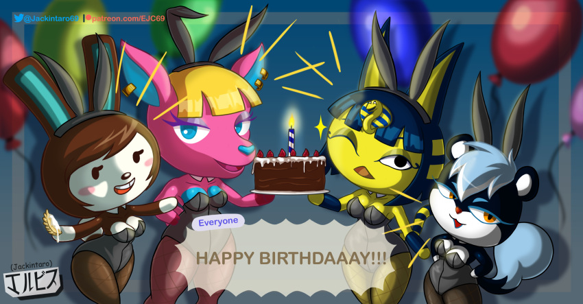 absurd_res animal_crossing ankha_(animal_crossing) anthro birthday black_body black_fur blonde_hair blue_eyes blue_hair bunny_costume cake carmen_(animal_crossing) cervid clothed clothing costume dessert digital_media_(artwork) domestic_cat ear_piercing egyptian english_text fake_ears fake_rabbit_ears felid feline felis female food fuchsia_(animal_crossing) fur group hair hi_res hooves jackintaro lagomorph legwear leporid looking_at_viewer mammal nintendo one_eye_closed open_mouth piercing pink_body pink_fur rabbit rodent sciurid simple_background smile tasha_(animal_crossing) teeth text tree_squirrel video_games wink yellow_body