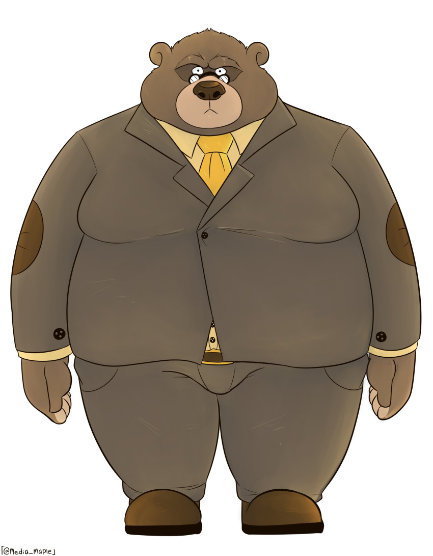 2021 anthro bottomwear brown_body brown_fur brown_nose clothing fur hi_res humanoid_hands kemono male mammal media_maple necktie overweight overweight_male pants plantigrade shirt simple_background solo topwear ursid white_background