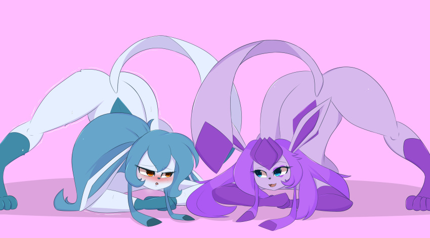 2021 all_fours anthro ass_up awintermoose big_breasts big_butt blue_eyes blue_hair blush breast_rest breasts butt crossed_arms cute_fangs digital_media_(artwork) duo eeveelution female female/female flexible glaceon gloves_(marking) hair hair_on_floor hi_res jack-o'_pose leg_markings long_hair looking_at_another markings markings_(fur) meme motion_lines nintendo open_mouth pink_body pok&eacute;mon pok&eacute;mon_(species) ponytail pose purple_hair raised_tail shaking simple_background smile snowcone_(awintermoose) socks_(marking) spread_legs spreading struggling video_games