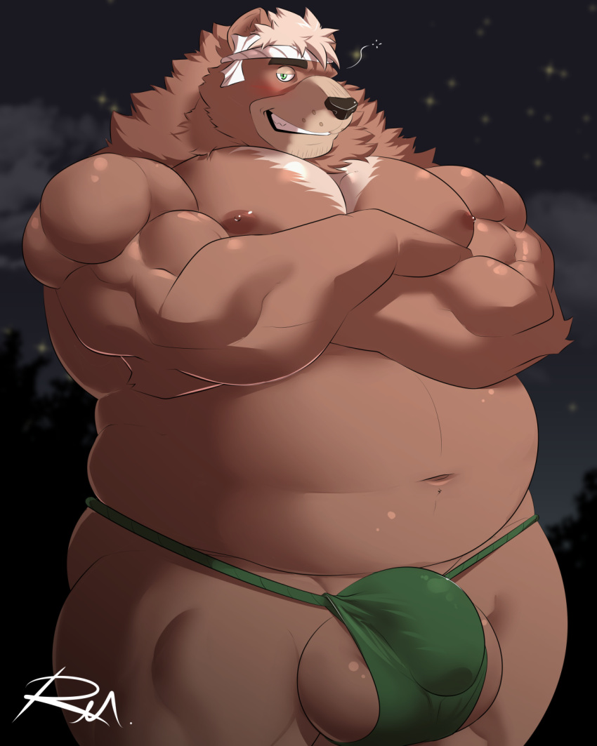2021 4:5 anthro asian_clothing balls belly black_nose blush bulge clothing east_asian_clothing fundoshi genital_outline genitals goro goro_(live-a-hero) green_clothing green_fundoshi green_underwear hi_res invalid_tag japanese_clothing live-a-hero male mammal moobs navel night nipples outside overweight overweight_male penis_outline reclamon solo underwear ursid video_games