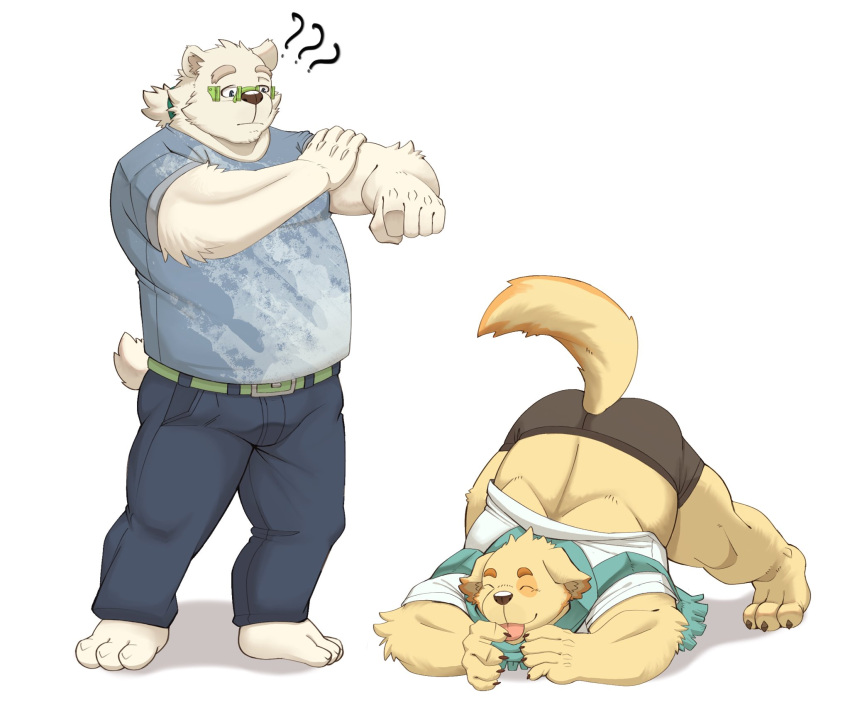 2021 ? anthro belly bottomwear brown_body brown_fur butt canid canine canis clothing cu_sith_(tas) domestic_dog duo eyes_closed eyewear fur glasses hi_res humanoid_hands jack-o'_pose kemono leib_(tas) lhjal2 male mammal overweight overweight_male pants plantigrade polar_bear pose scarf shirt shorts tokyo_afterschool_summoners topwear ursid ursine video_games white_body white_fur